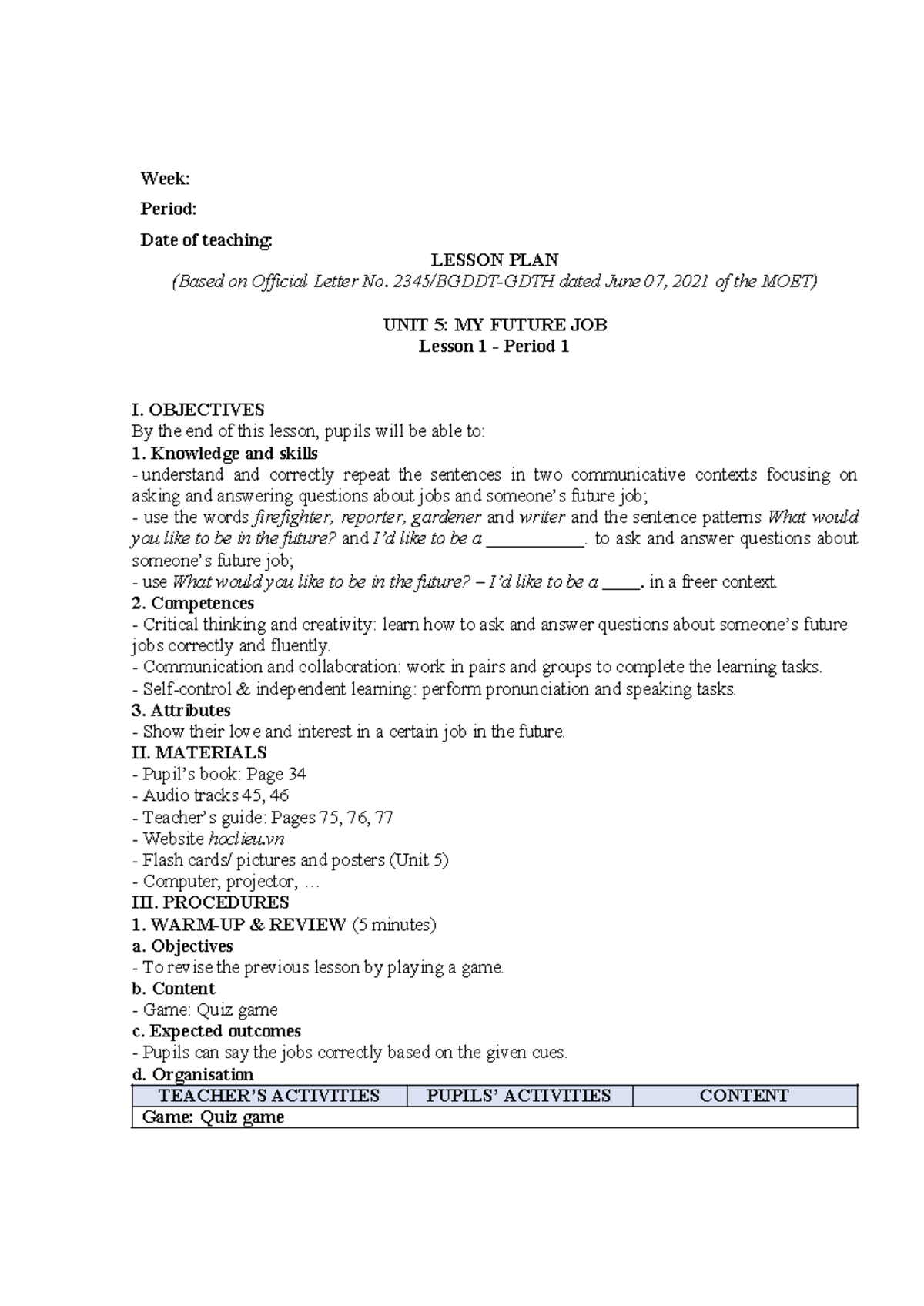 TA5 GA Unit 5: Lesson Plan on Future Jobs and Communication Skills ...