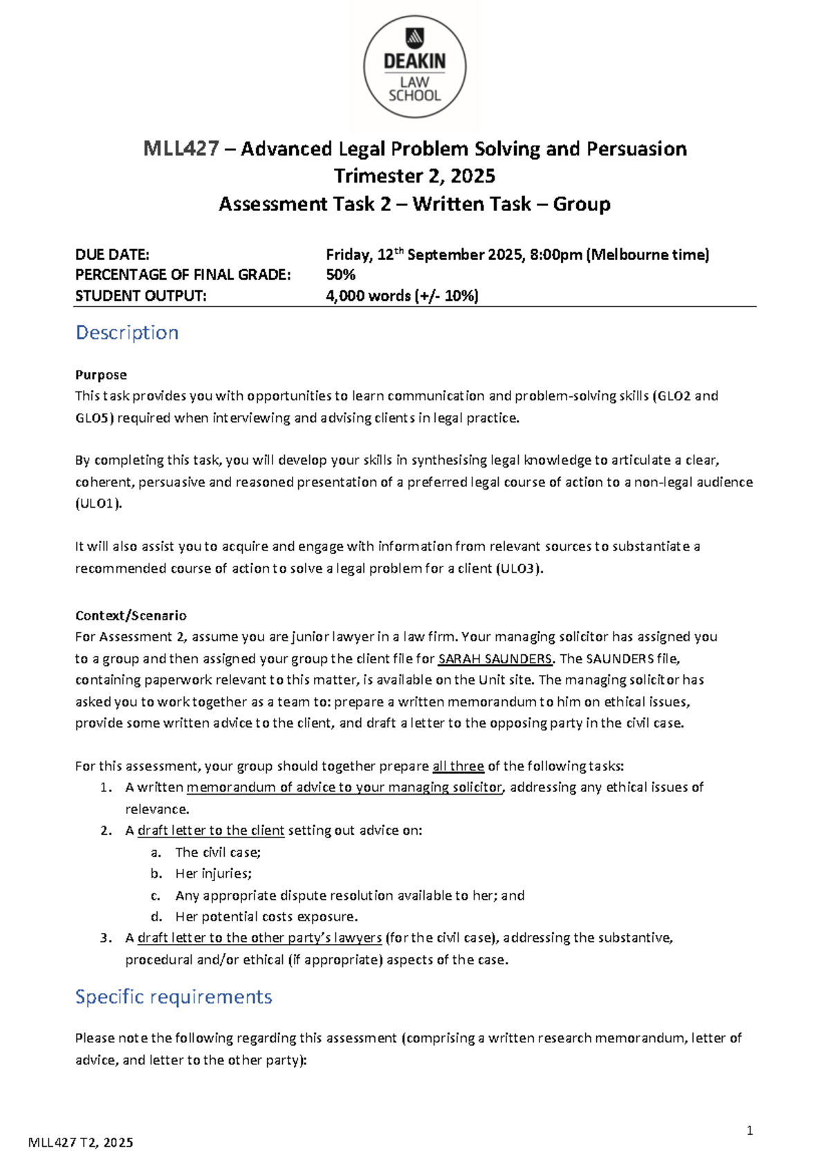 MLL427 T2 2025 Advanced Legal Problem Solving: Assessment Task 2 - Studocu