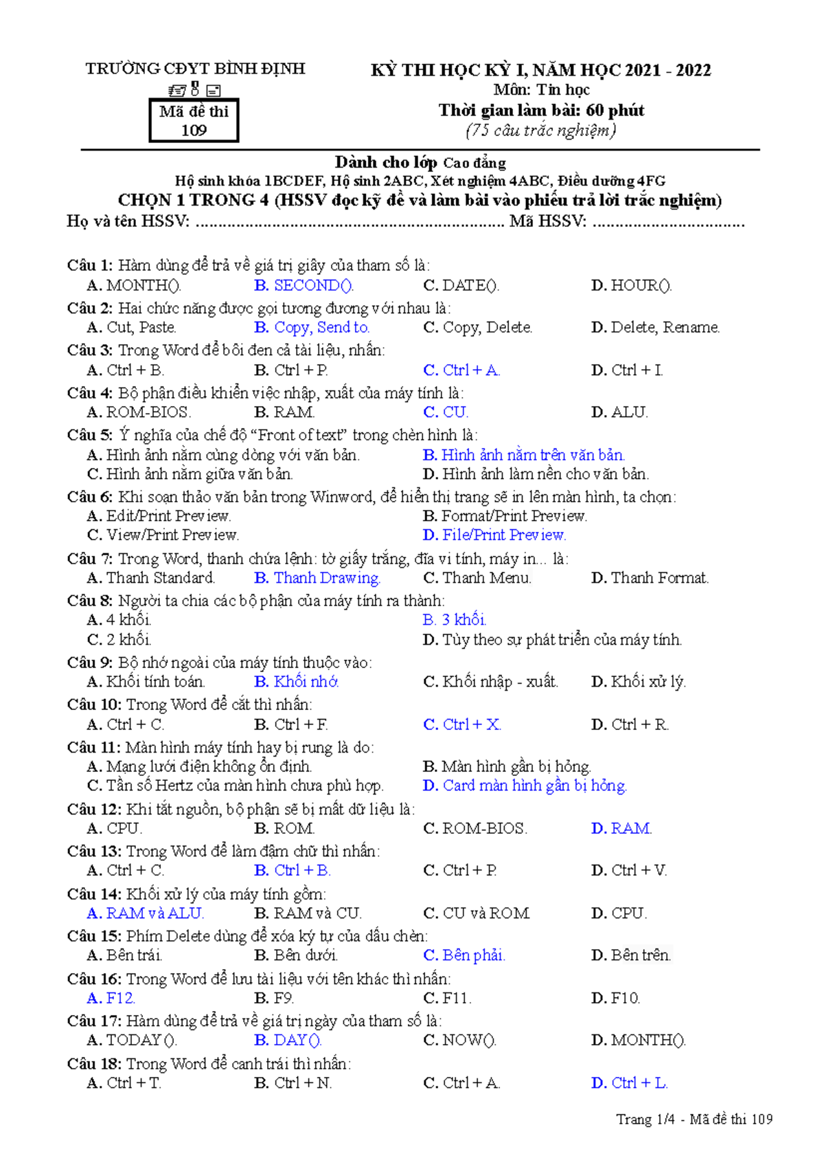 De thi-Tin hoc-Lop chuyen doi- Ma de 109 - Dap An - TRƯỜNG CĐYT BÌNH ...