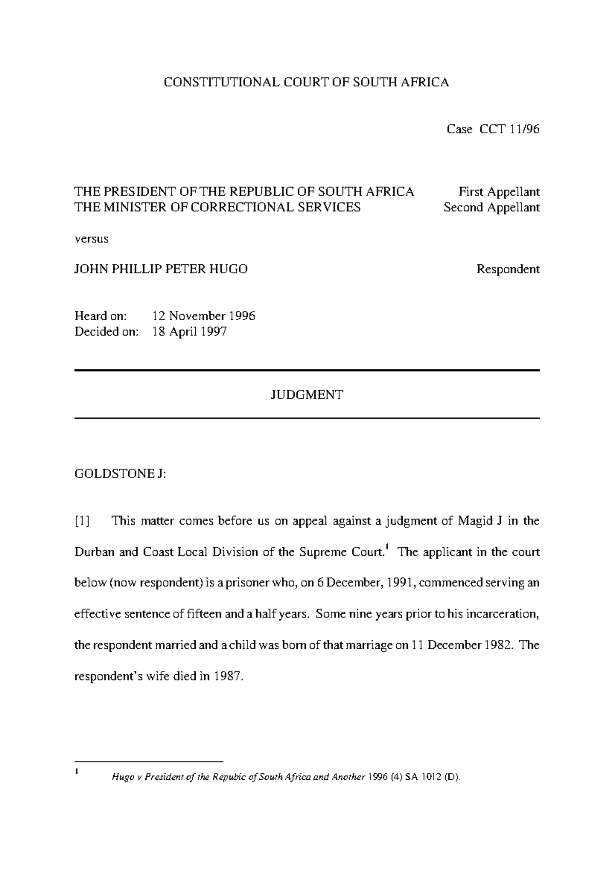 Case Study: President of RSA v Hugo - Constitutional Court Decision ...