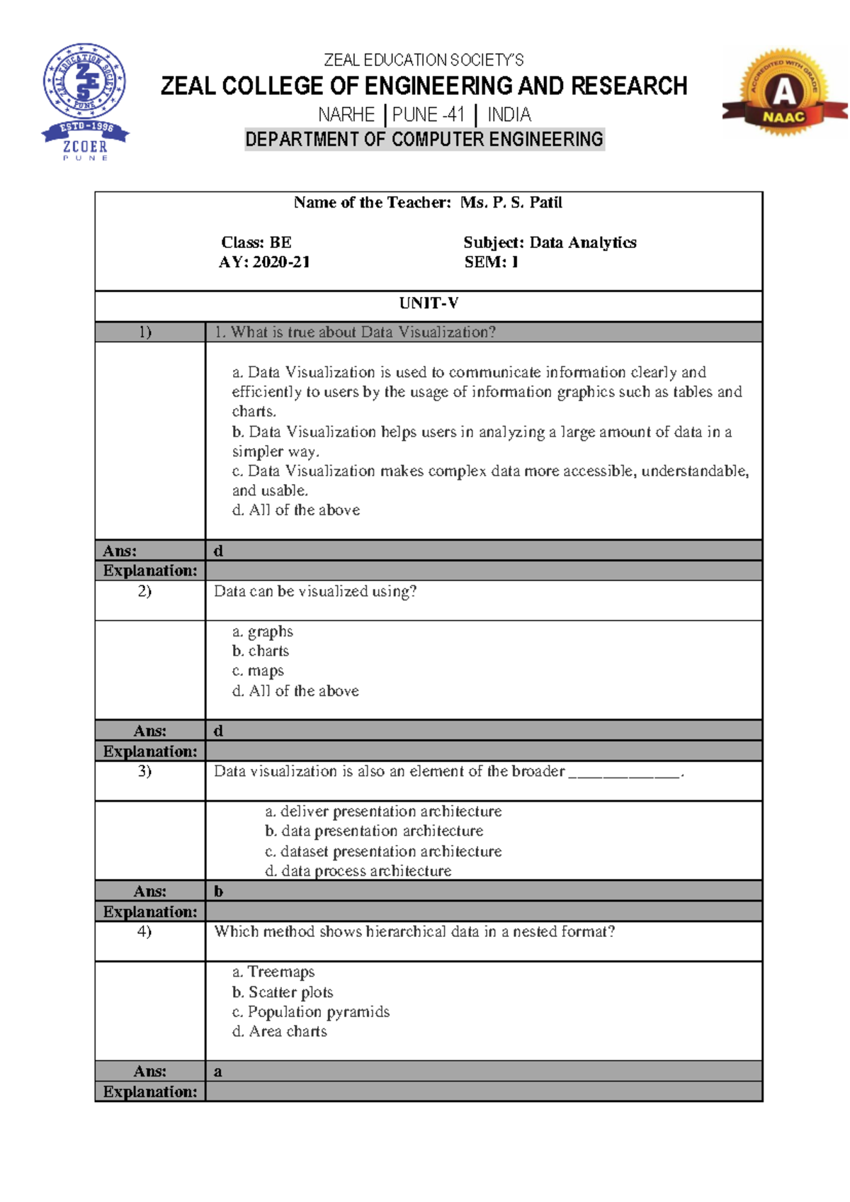 Data Analytics (DA) Question Bank for Unit V - BE Sem I - Studocu