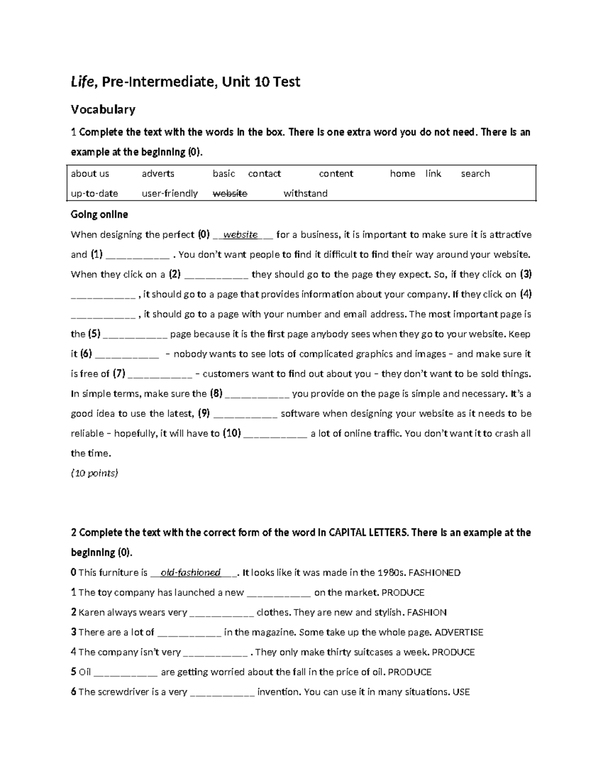 Unit 10 Test: Vocabulary and Grammar Exercises for Life Course - Studocu