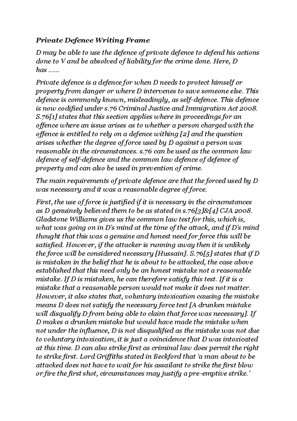 Private Defence: Writing Frame for CJA 2008 Analysis - Studocu