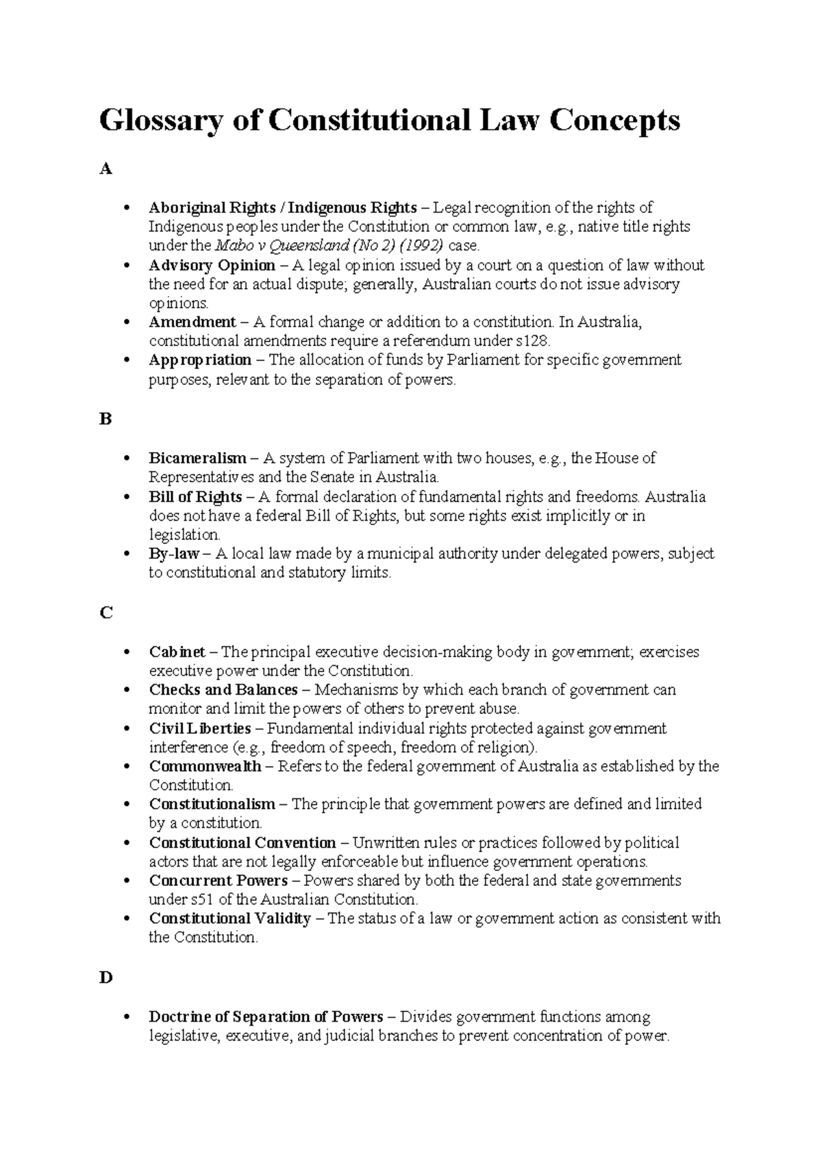 Glossary of Constitutional Law Concepts - Notes (LAW 101) - Studocu