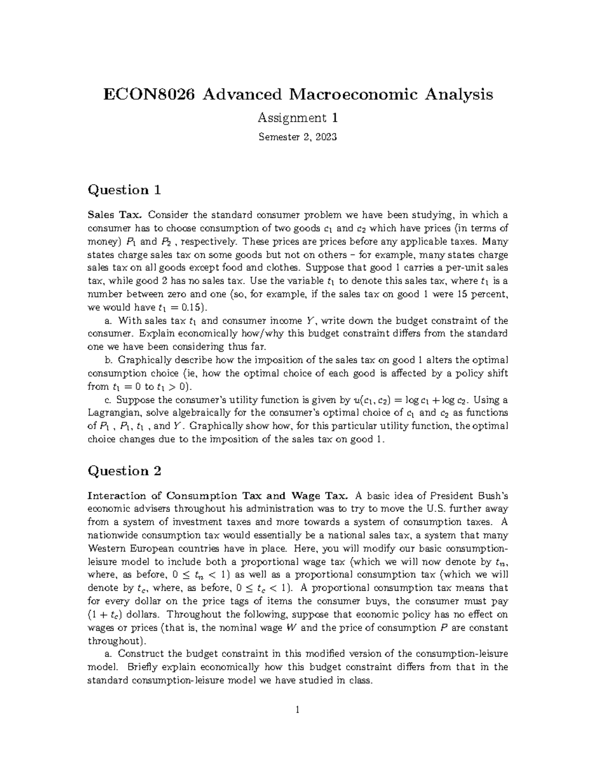 ECON8026 Advanced Macroeconomic Analysis Assignment 1: Sales & Wage Tax ...