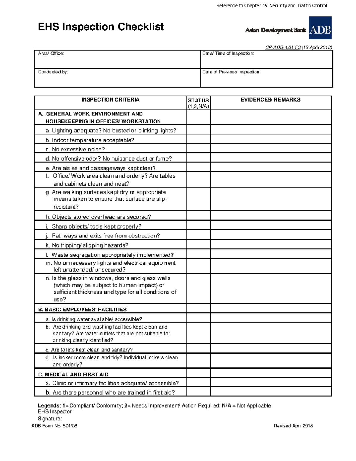 EHS Inspection Checklist SP-ADB-4.0: Environment, Health & Safety ...