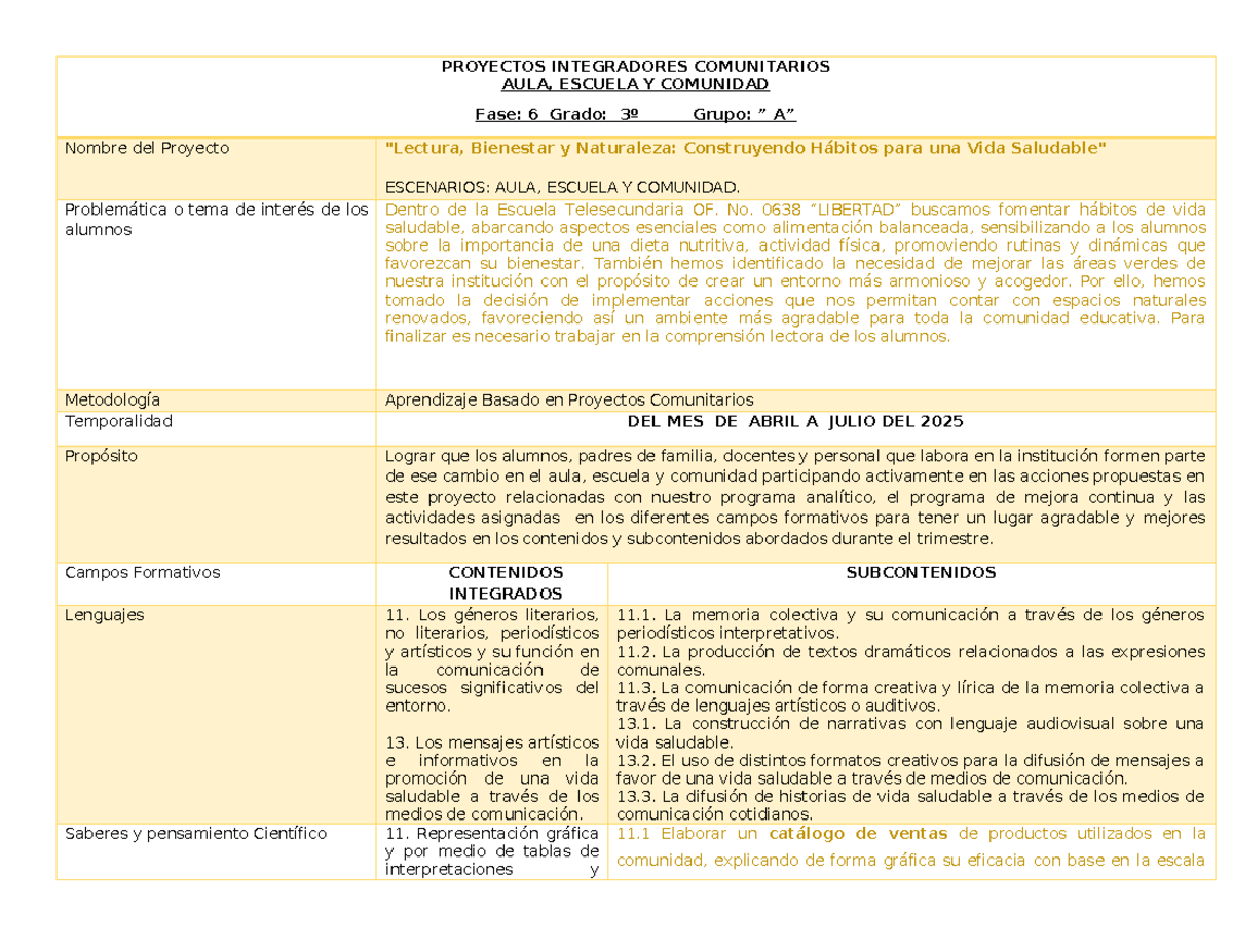 Proyectos Integradores Comunitarios 3º Grado: Fase 6 - Bienestar y ...