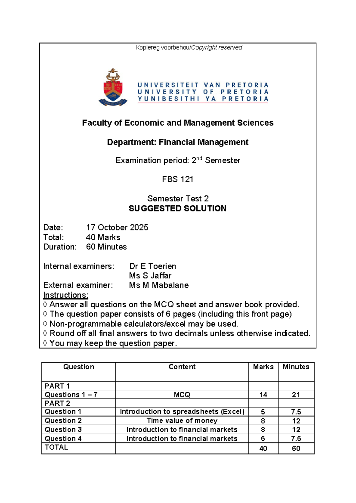 FBS 121 Semester Test 2 2025 Suggested Solutions and Answers - Studocu