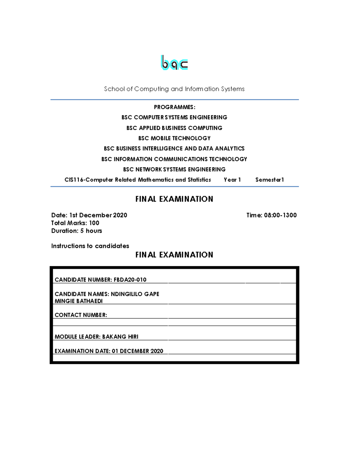 CMS BSc Computer Systems Engineering Final Exam 2020 - Studocu