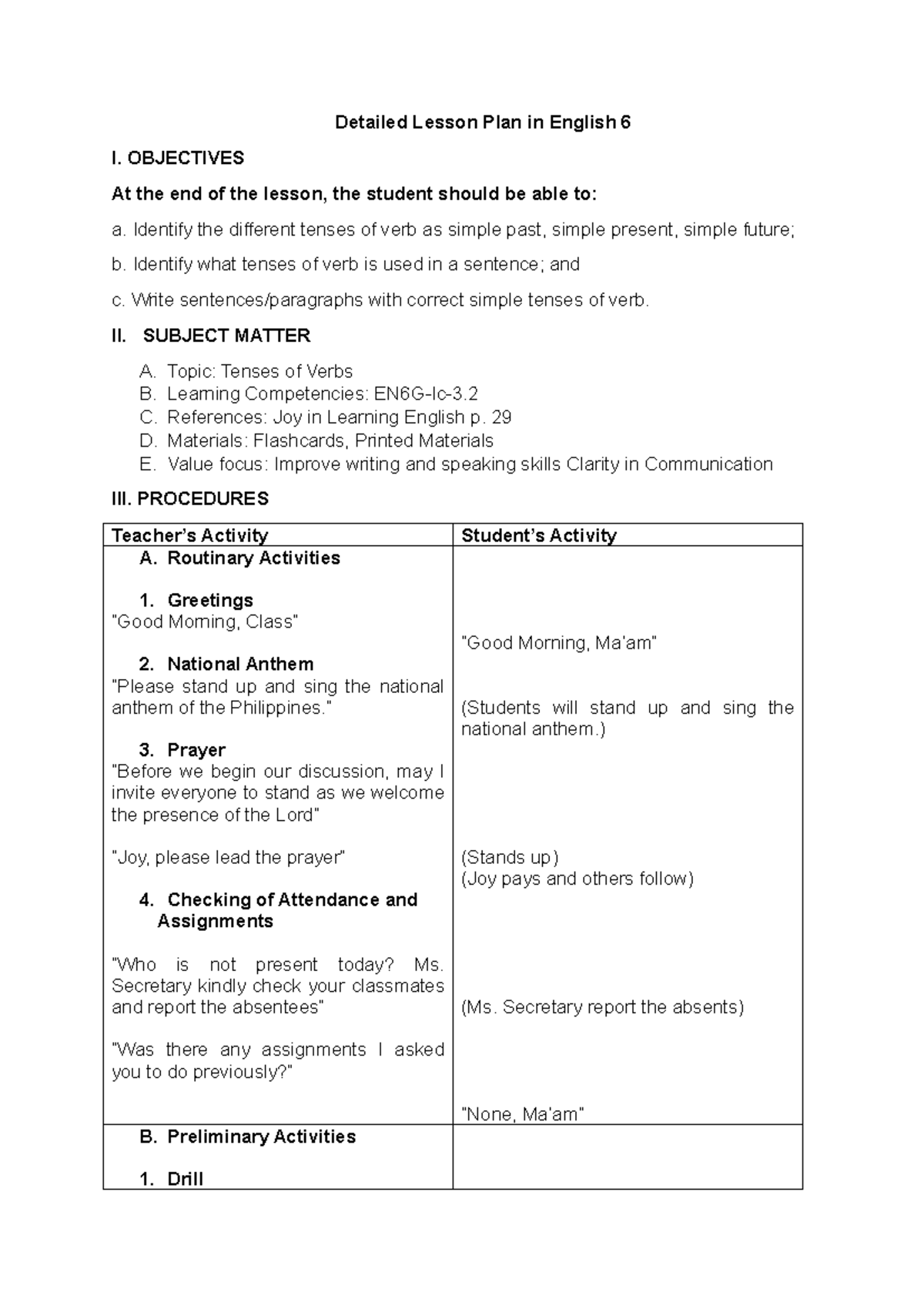 DLP Draft: Lesson Plan on Tenses of Verbs for English 6 - Studocu