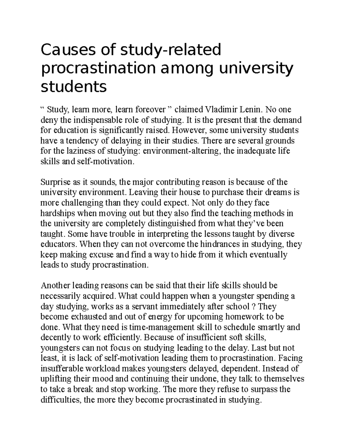 Causes of Study Procrastination Among University Students - Studocu