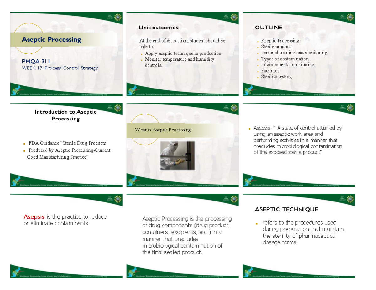 PMQA 311 WEEK 17: Aseptic Processing & Control Strategies Lecture Notes ...