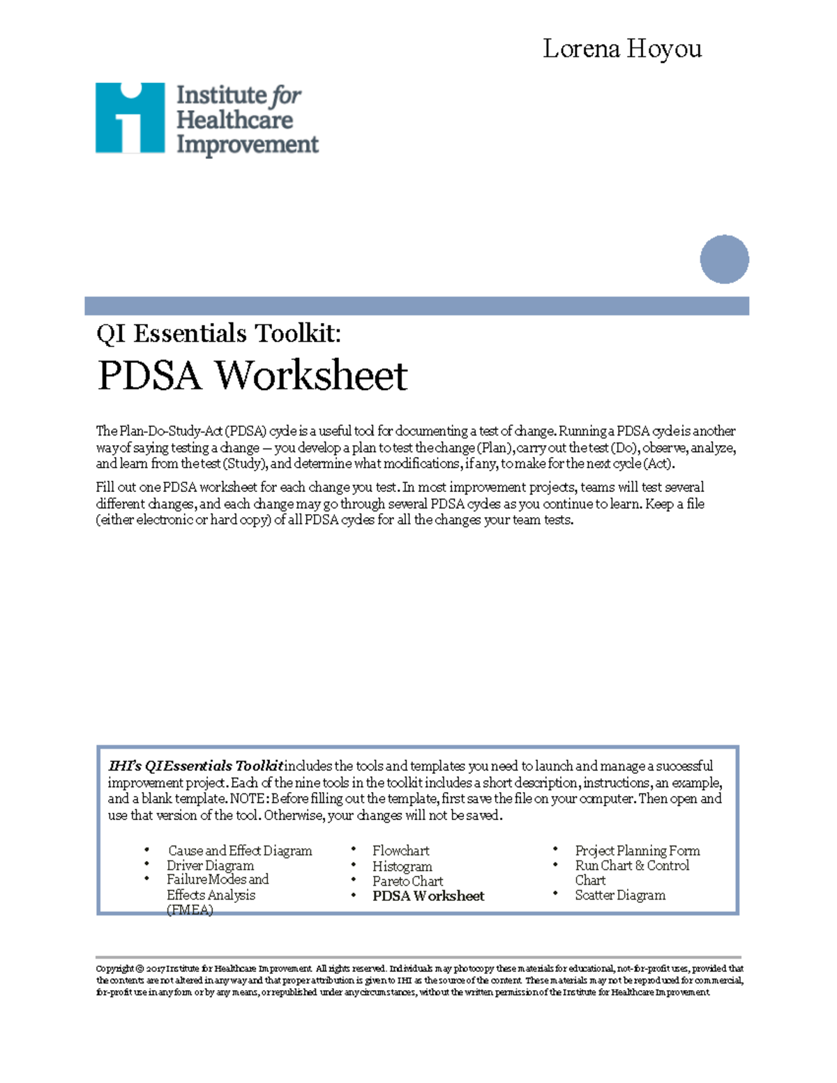 QIToolkit PDSA Worksheet: Implementing Improvement Projects - Studocu