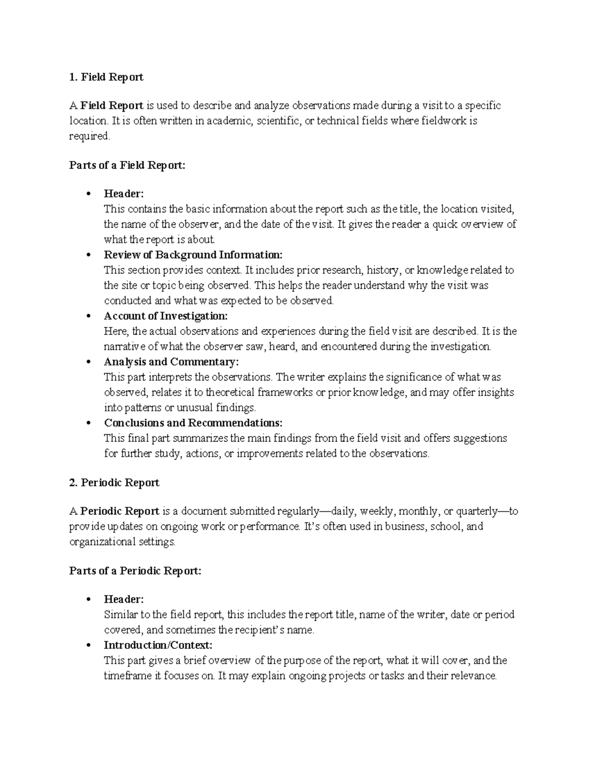 Field Periodic Laboratory Report - 1. Field Report A Field Report is ...