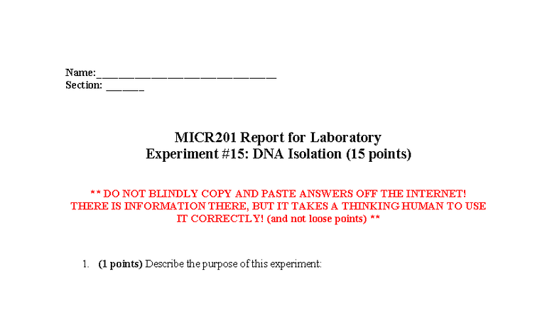 MICR201 Lab Report: DNA Isolation Experiment (15 pts) - Studocu
