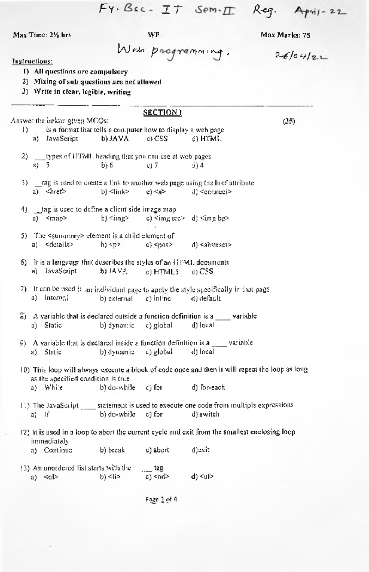 BSc IT Web Application Development Final Exam Question Paper - Studocu