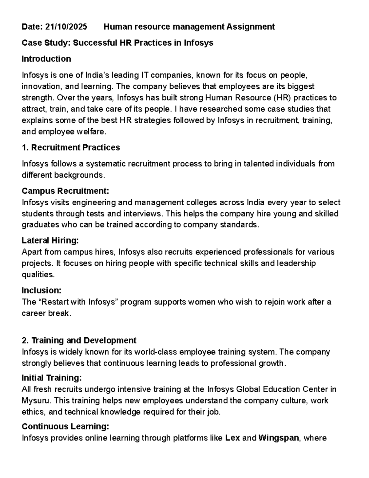 HRM 101: Case Study on Successful HR Practices at Infosys - Studocu