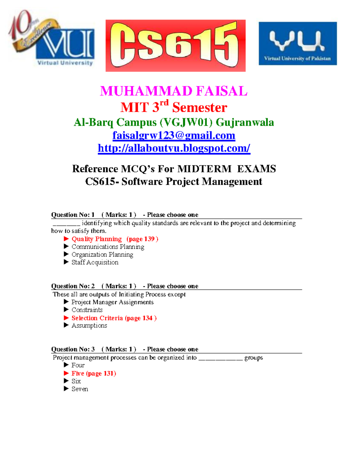 Cs615 Midterm Exam Reference: Software Project Management MCQs - Studocu