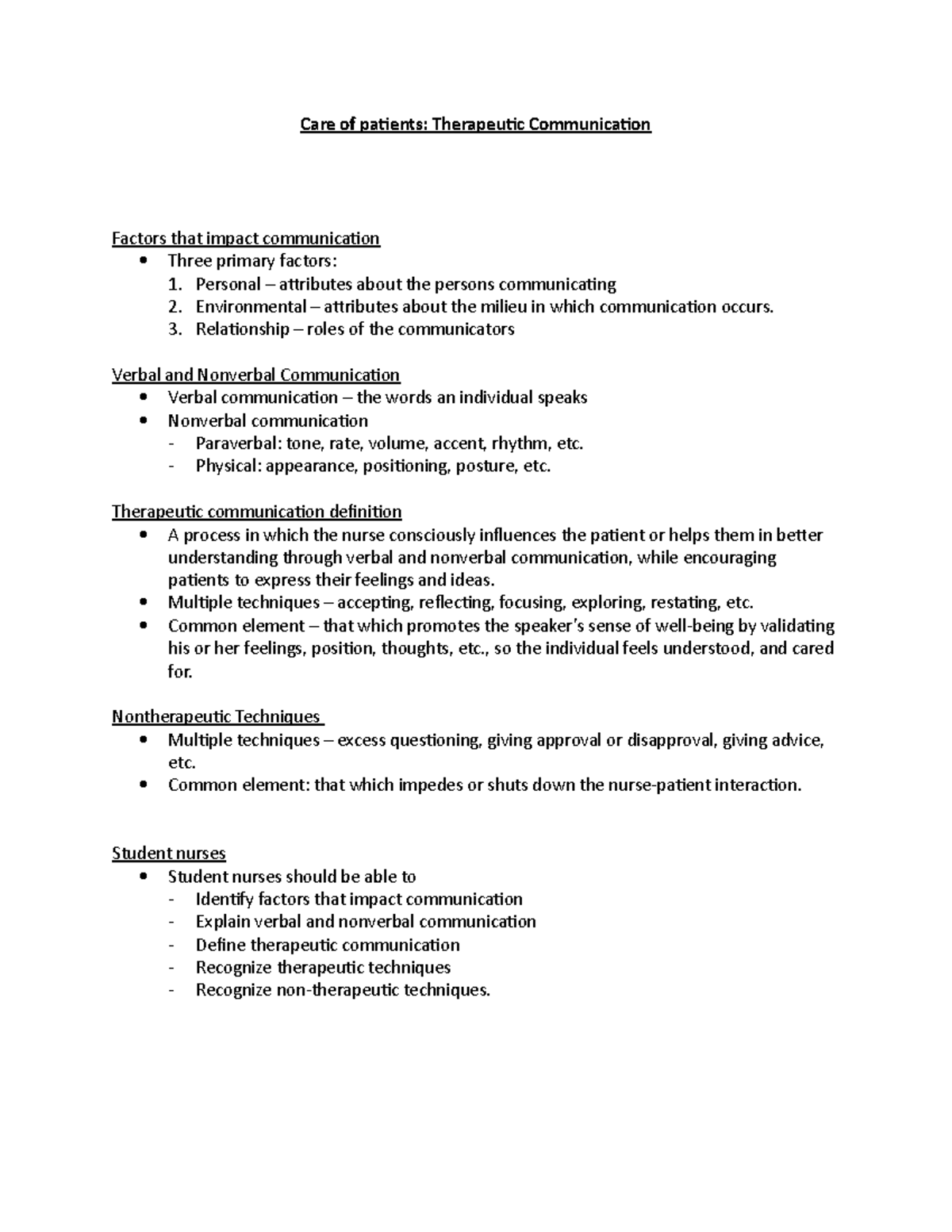 NUR 101: Therapeutic Communication Lecture Notes for Patient Care - Studocu