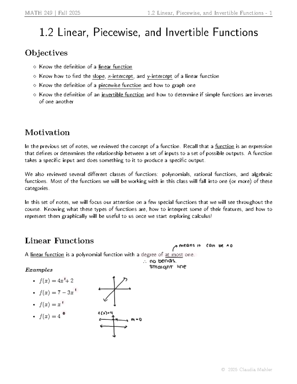 MATH 249 Fall 2025: Linear, Piecewise & Invertible Functions Notes ...