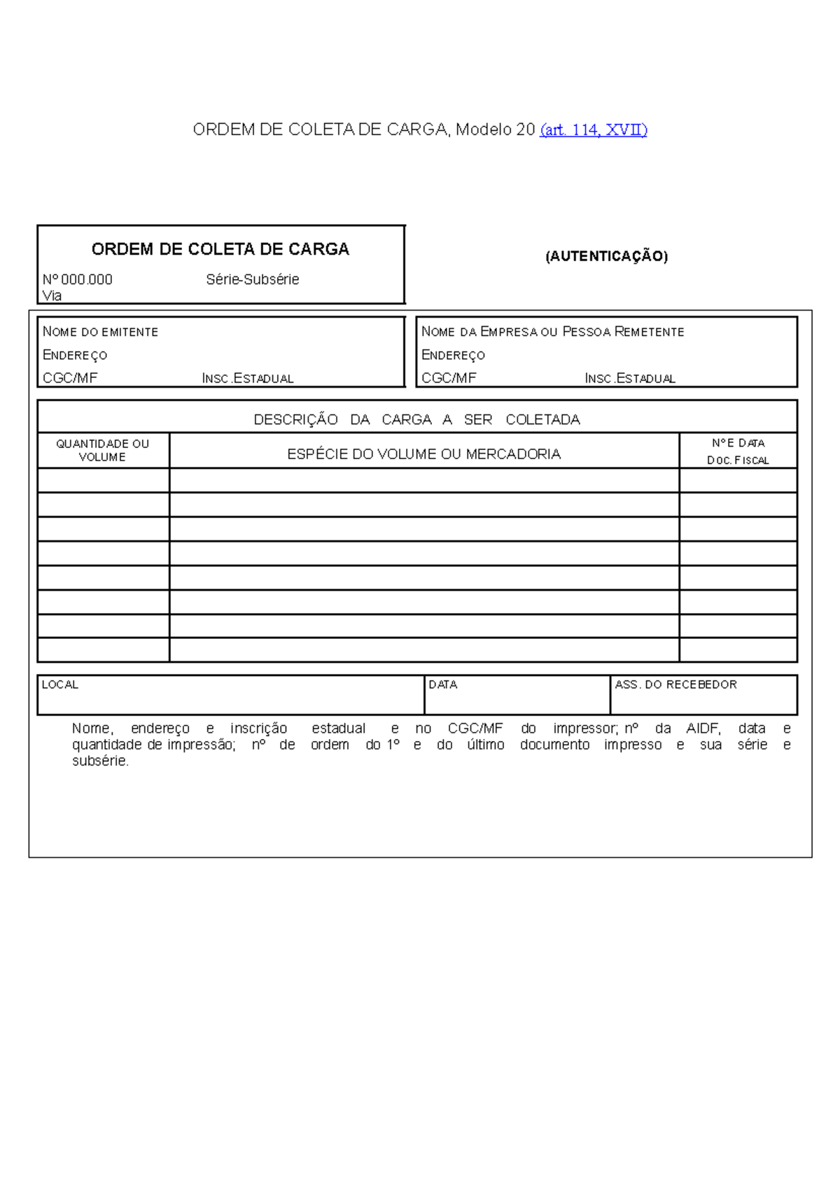 Ordem Coleta Carga(1) - ORDEM DE COLETA DE CARGA, Modelo 20 (art. 1 14 ...