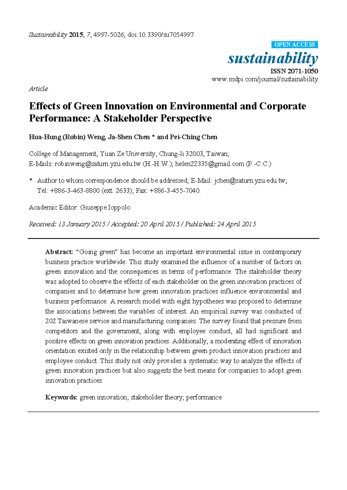 Effects of Green Innovation on Environmental & Corporate Performance ...