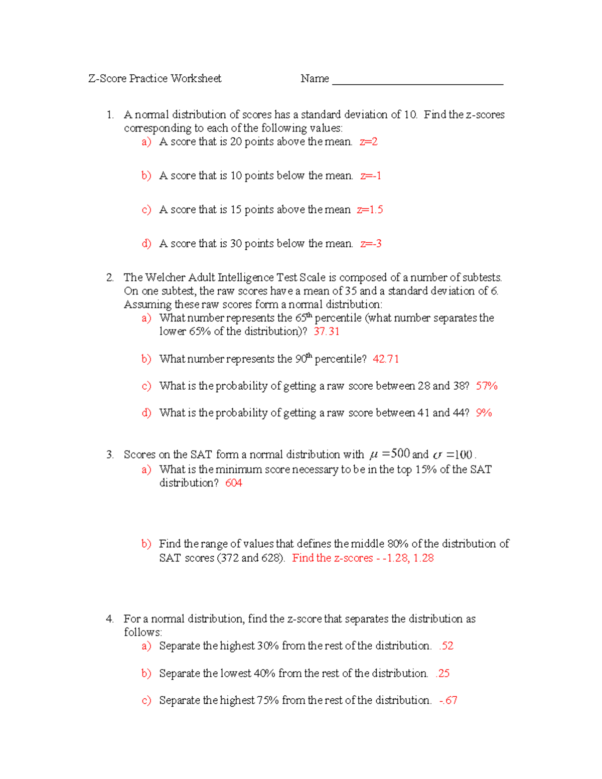Z-Score Worksheet Solutions: Practice Problems and Answers - Studocu