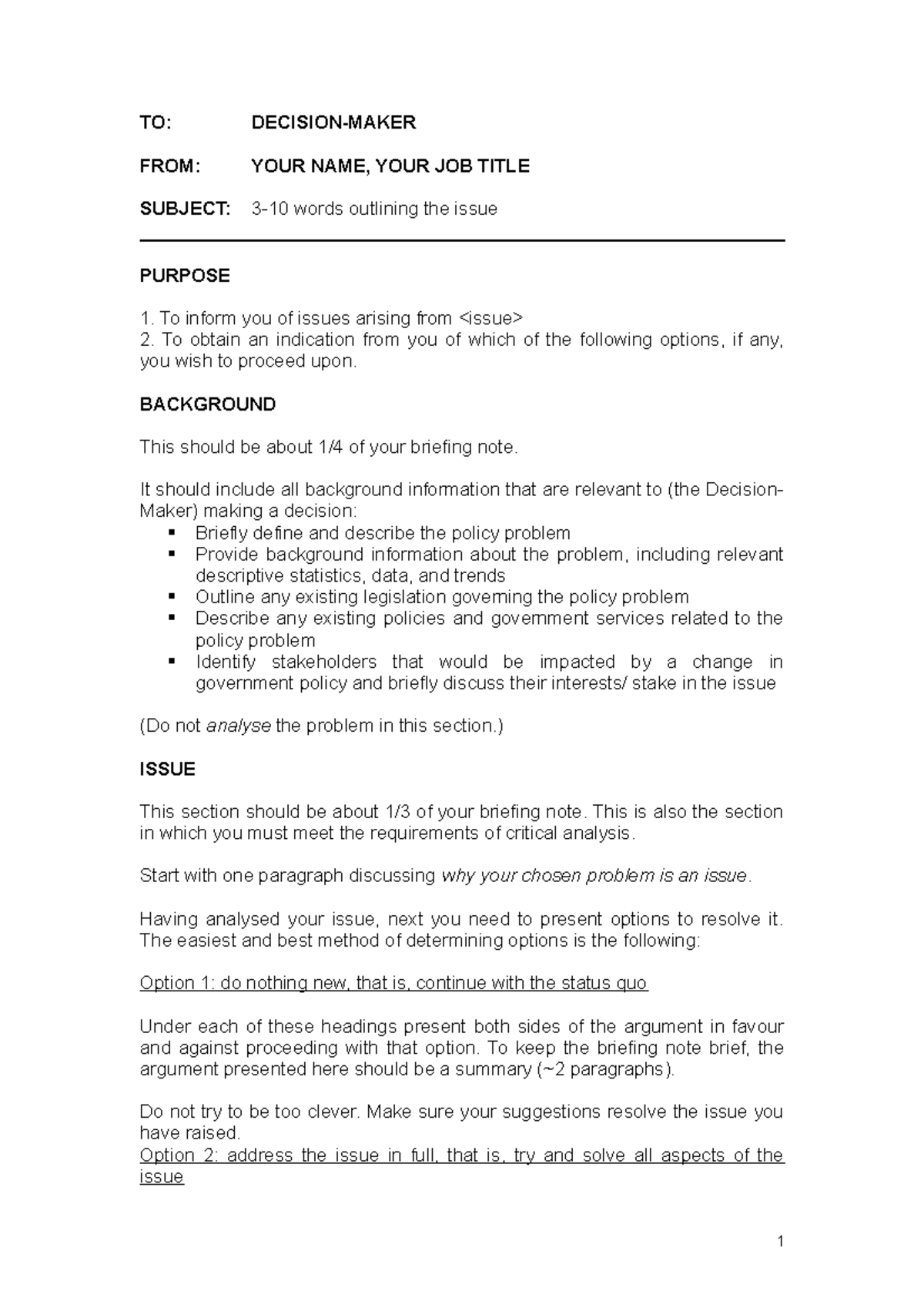 CRM303 Format of a Briefing Note Template - TO: DECISION-MAKER FROM ...