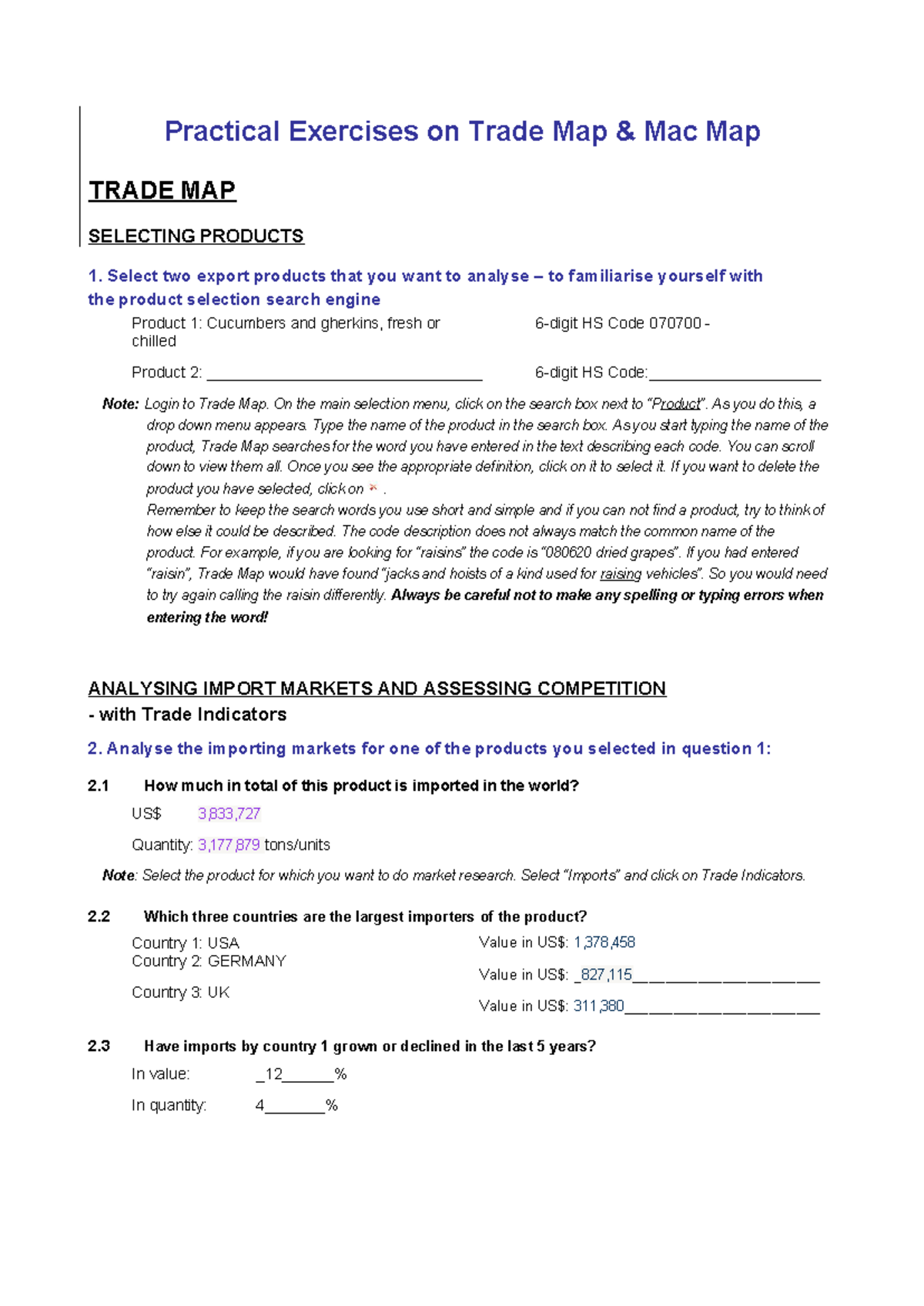 Practical Exercises on Trade Map - Select two export products that you ...