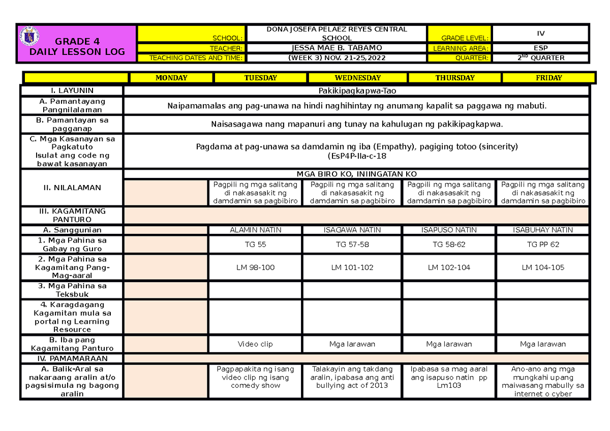 DLL ESP WEEK 3 - Daily Lesson Log for Grade 4 Teachers - Studocu