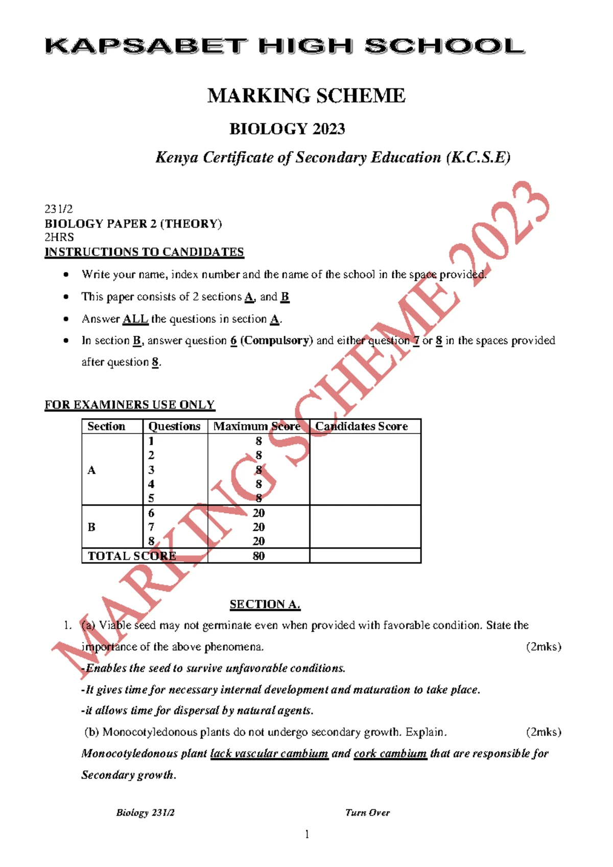 Biology Paper 2 (K.C.S.E) September 2022 Marking Scheme - Studocu