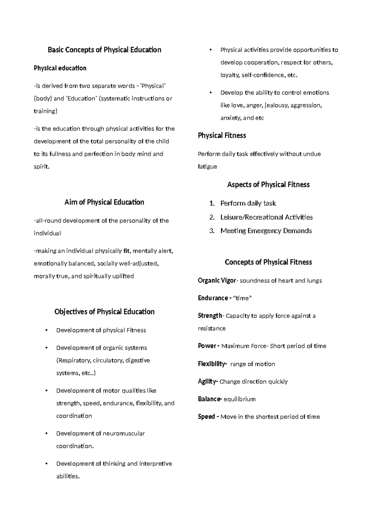 Physical Education (PE) 101: Summary Notes on Key Concepts - Studocu