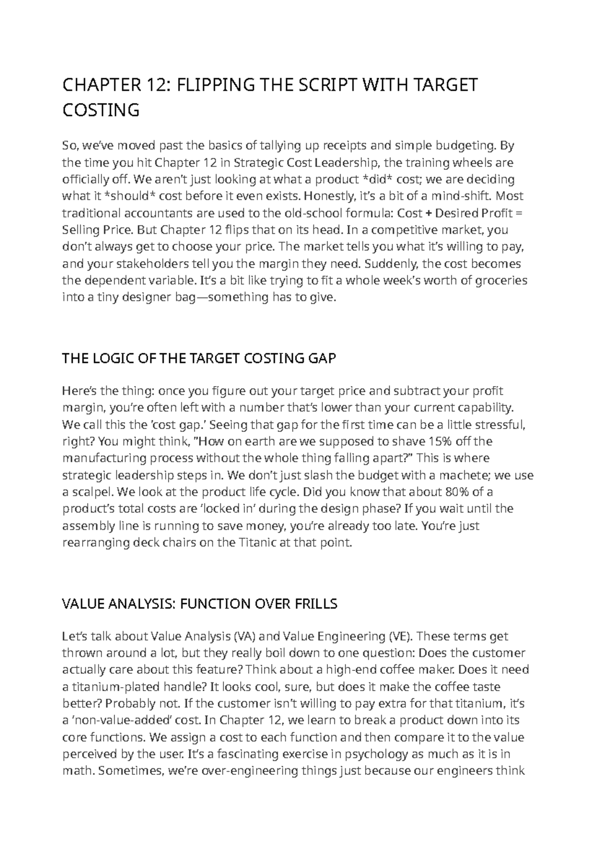 CHAPTER 12: Target Costing Insights in Strategic Cost Leadership - Studocu