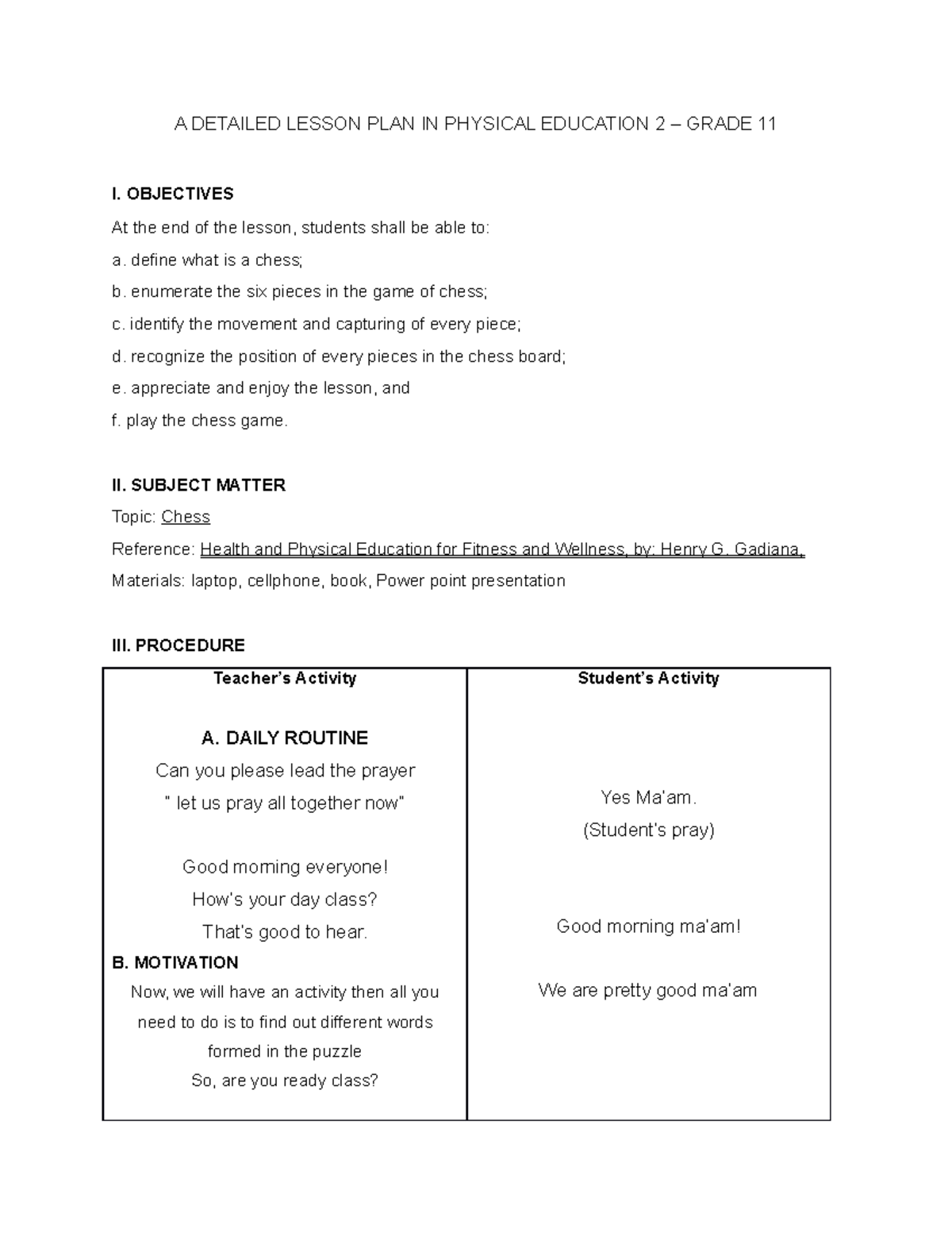 A Comprehensive Lesson Plan on Chess - PE 2 for Grade 11 - Studocu