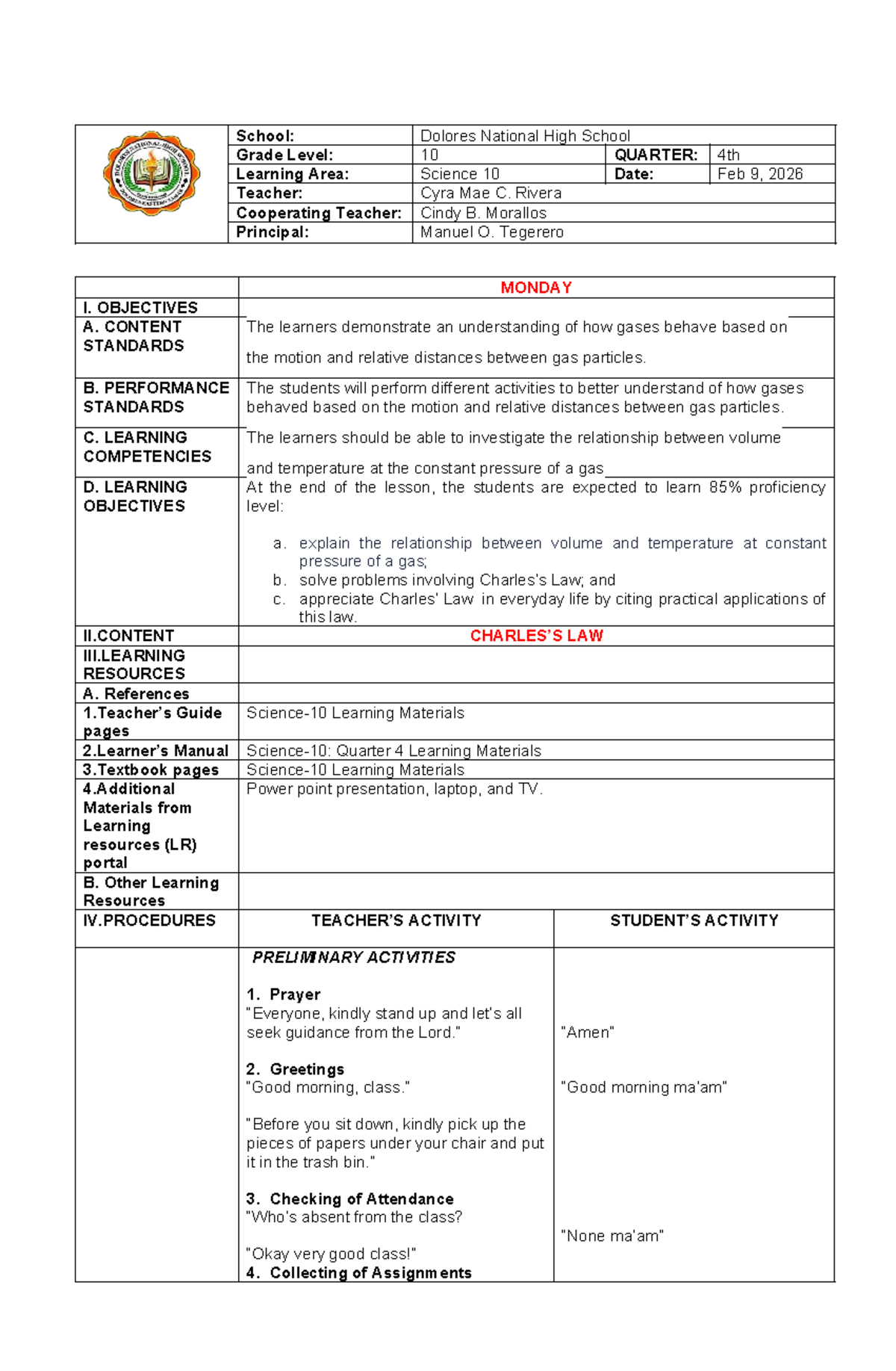 Charles Law Lesson Plan (Science 10) - Studocu
