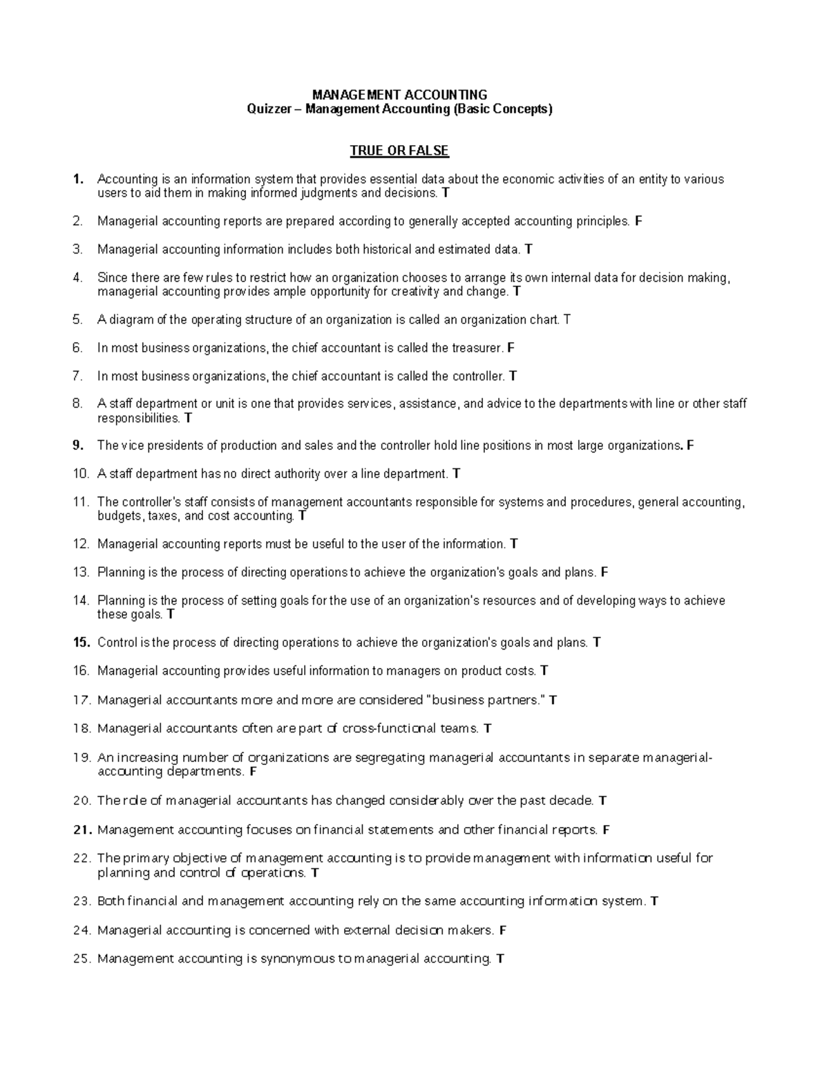 Quiz 1: Management Accounting (MA 101) Practice Questions and Answers ...