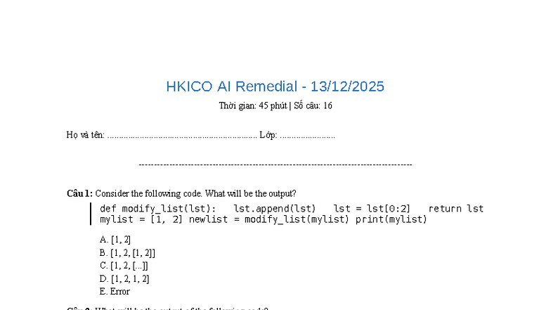 HKICO AI Remedial Exam - Code Output & Complexity Analysis - Studocu