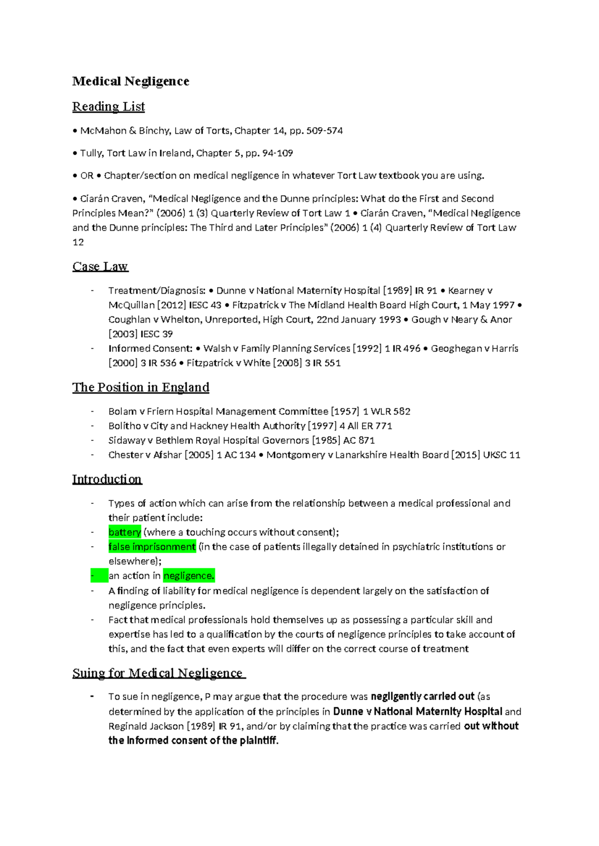 Medical Negligence: Key Cases and Legal Principles in Tort Law - Studocu
