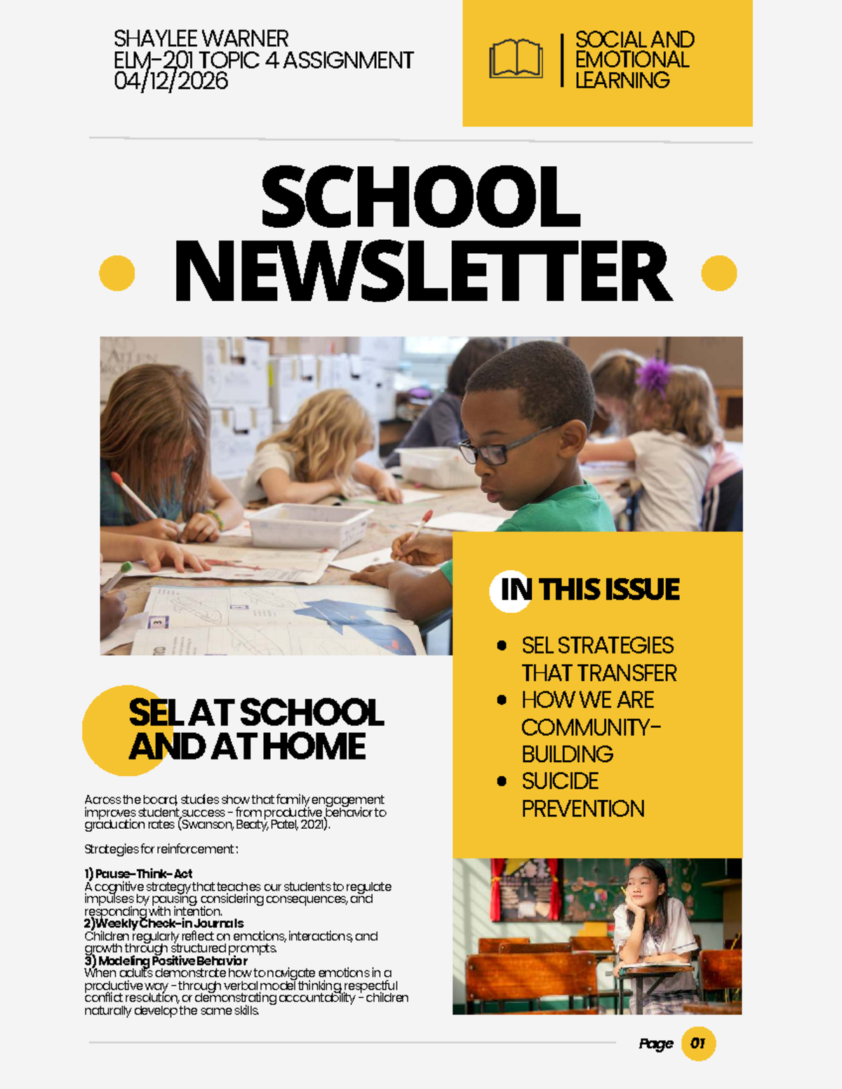 ELM-201 Topic 4 Assignment: Family Night SEL Newsletter - Studocu