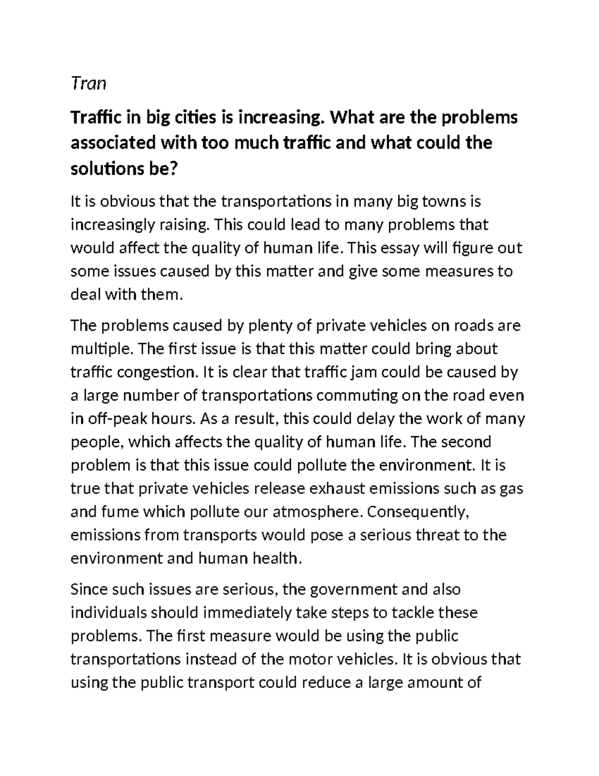 Problem and Solution Essay on Urban Traffic Issues - Tran - Studocu