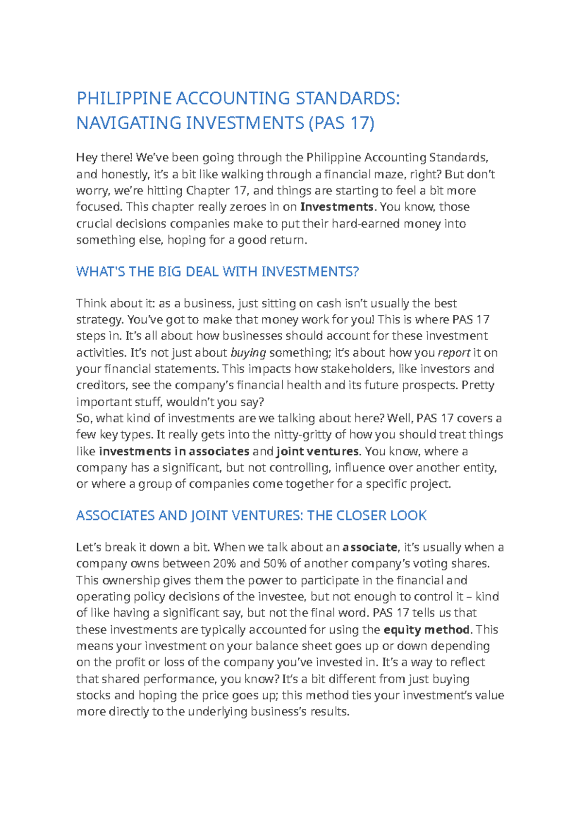 Chapter 17 Review: Investments in PAS 17 - A Guide to Accounting - Studocu