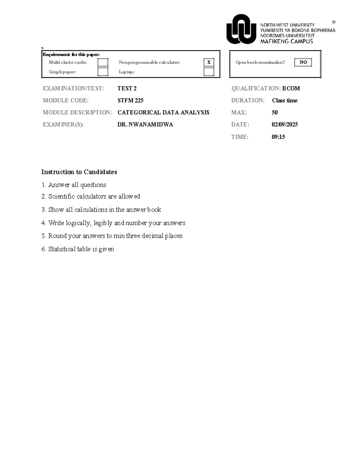 STFM 225 - Test 2 Memorandum: Categorical Data Analysis 2025 - Studocu