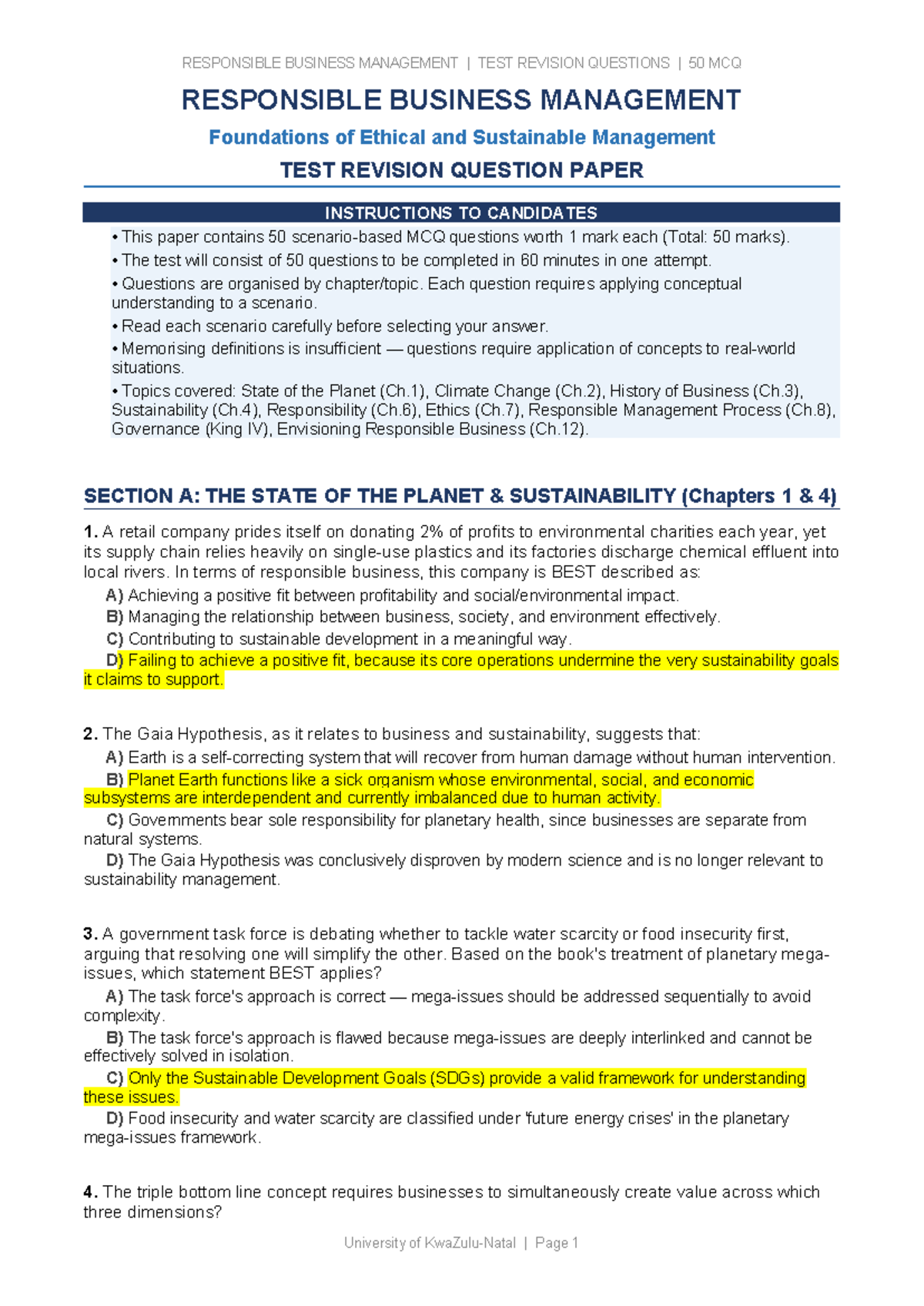 RESPONSIBLE BUSINESS MANAGEMENT (RBM) TEST REVISION: 50 MCQ Questions ...