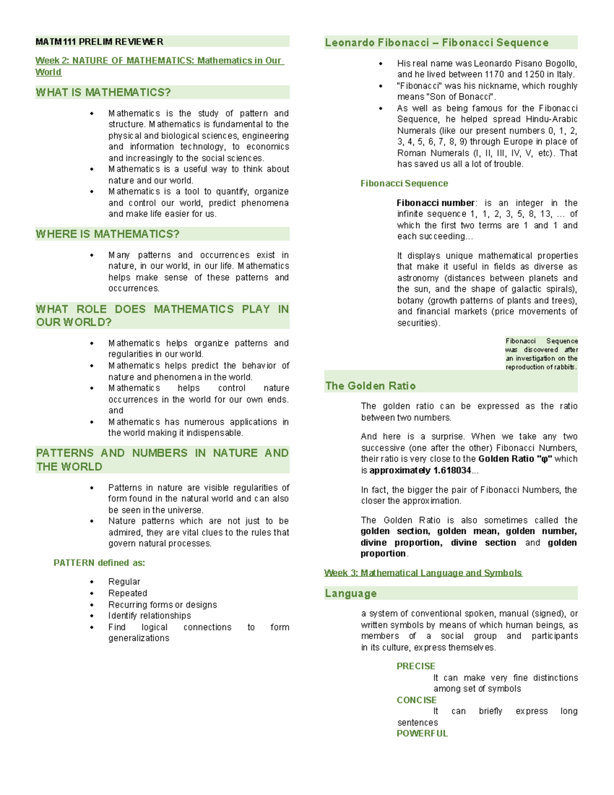 MATM 111 Prelim Reviewer: Nature, Patterns, and Statistics in Math ...