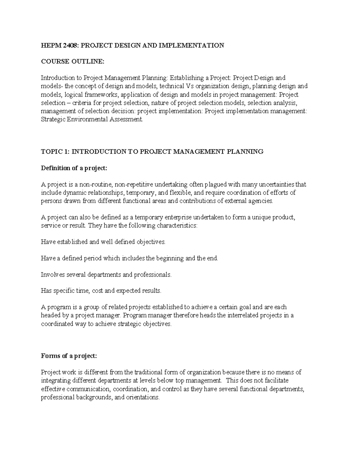 HEPM 2408: Topic 1 - Notes on Project Management Planning & Design ...