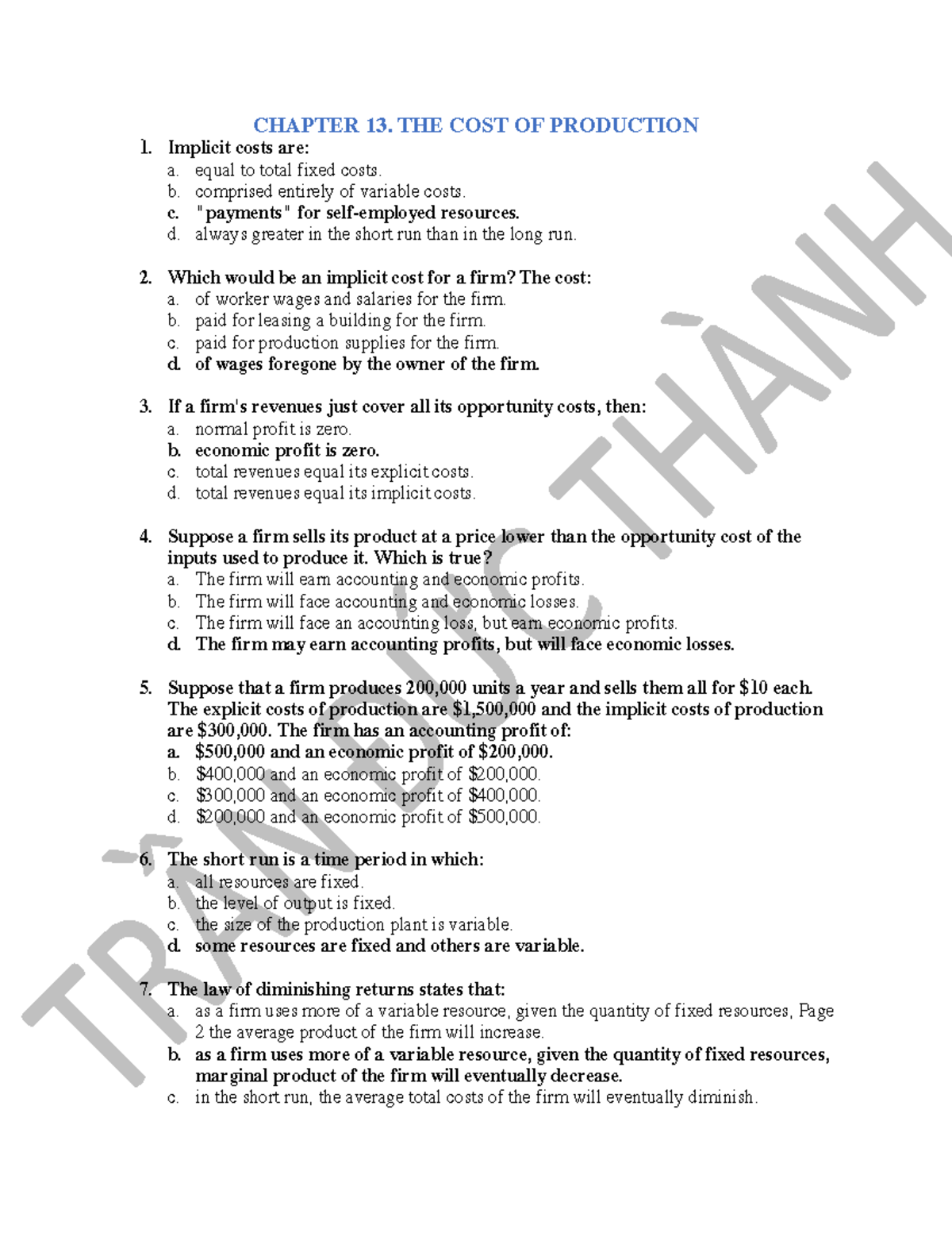 Chapter 13 - Answer - bài tập về nhà - CHAPTER 13. THE COST OF ...