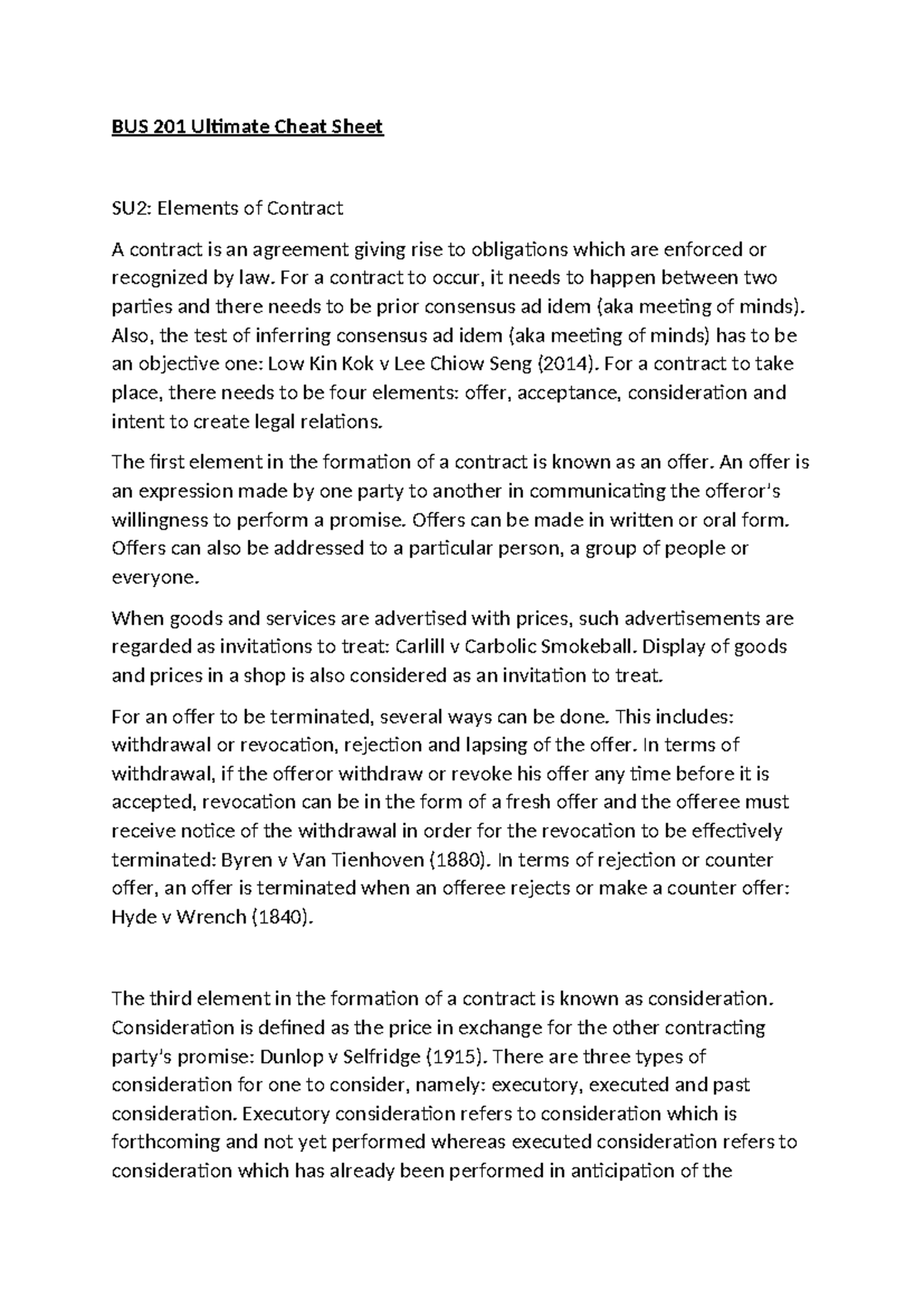 BUS 201 Comprehensive Contract Law Cheat Sheet - Document Preview