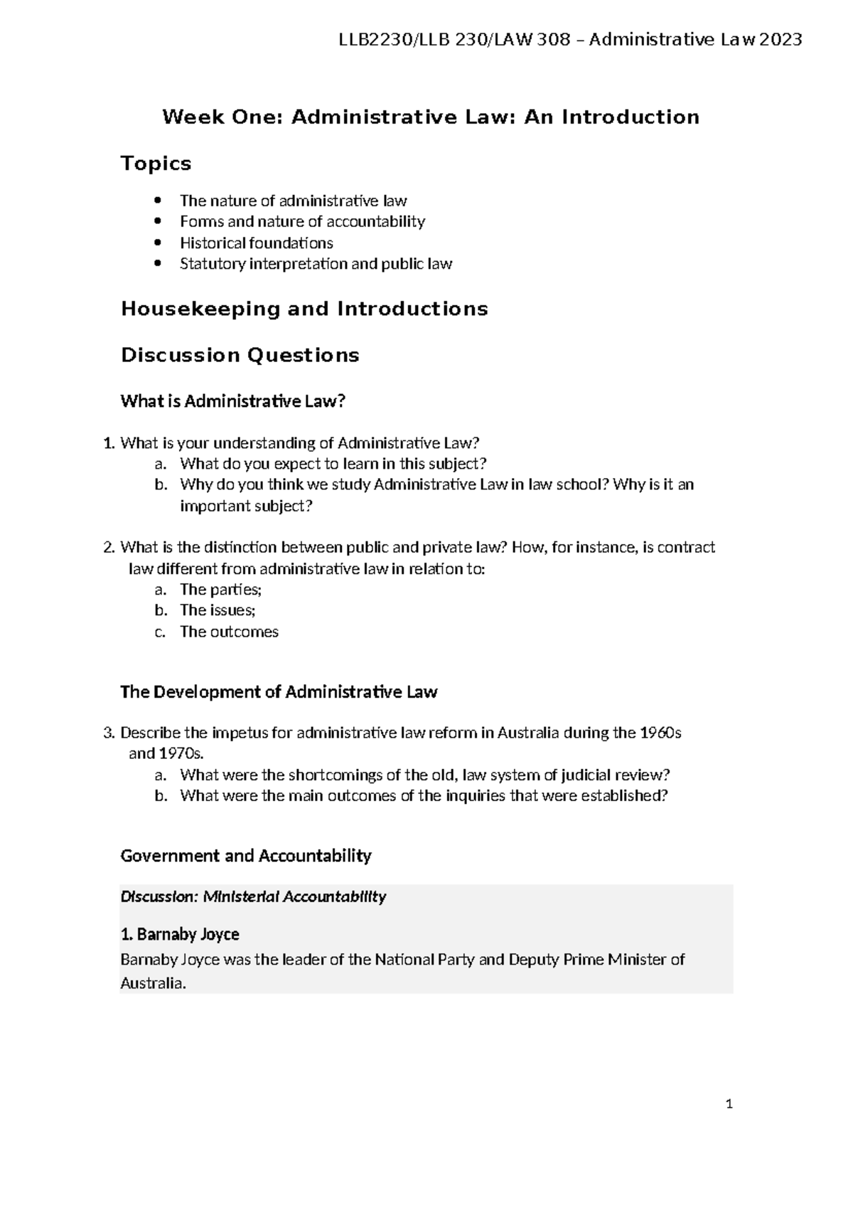 308 Administrative Law 2023 Week 1: Intro to Admin Law & Key Topics ...