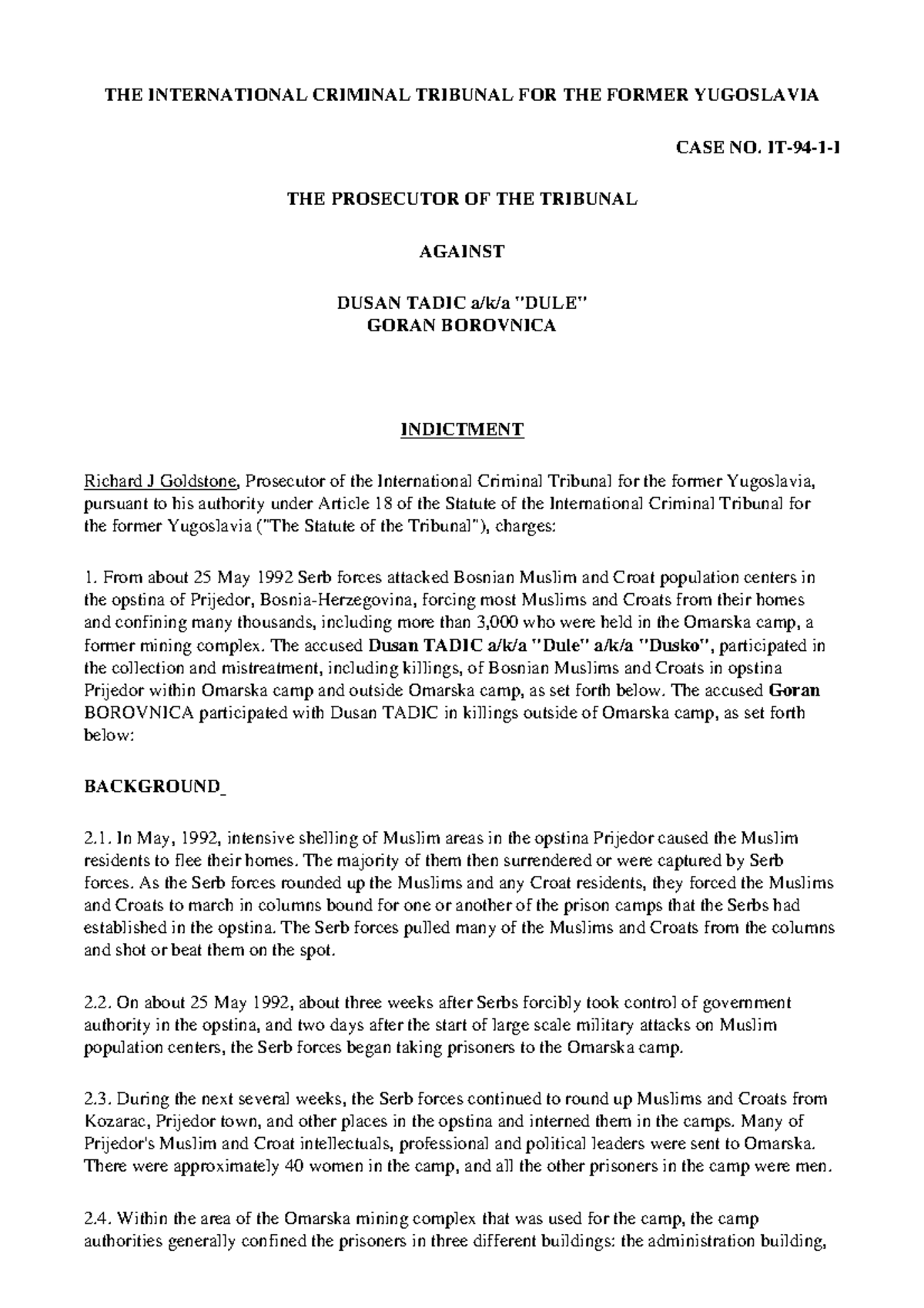 Indictment of Dusan Tadic: Case No. ICTY 1992 - Studocu