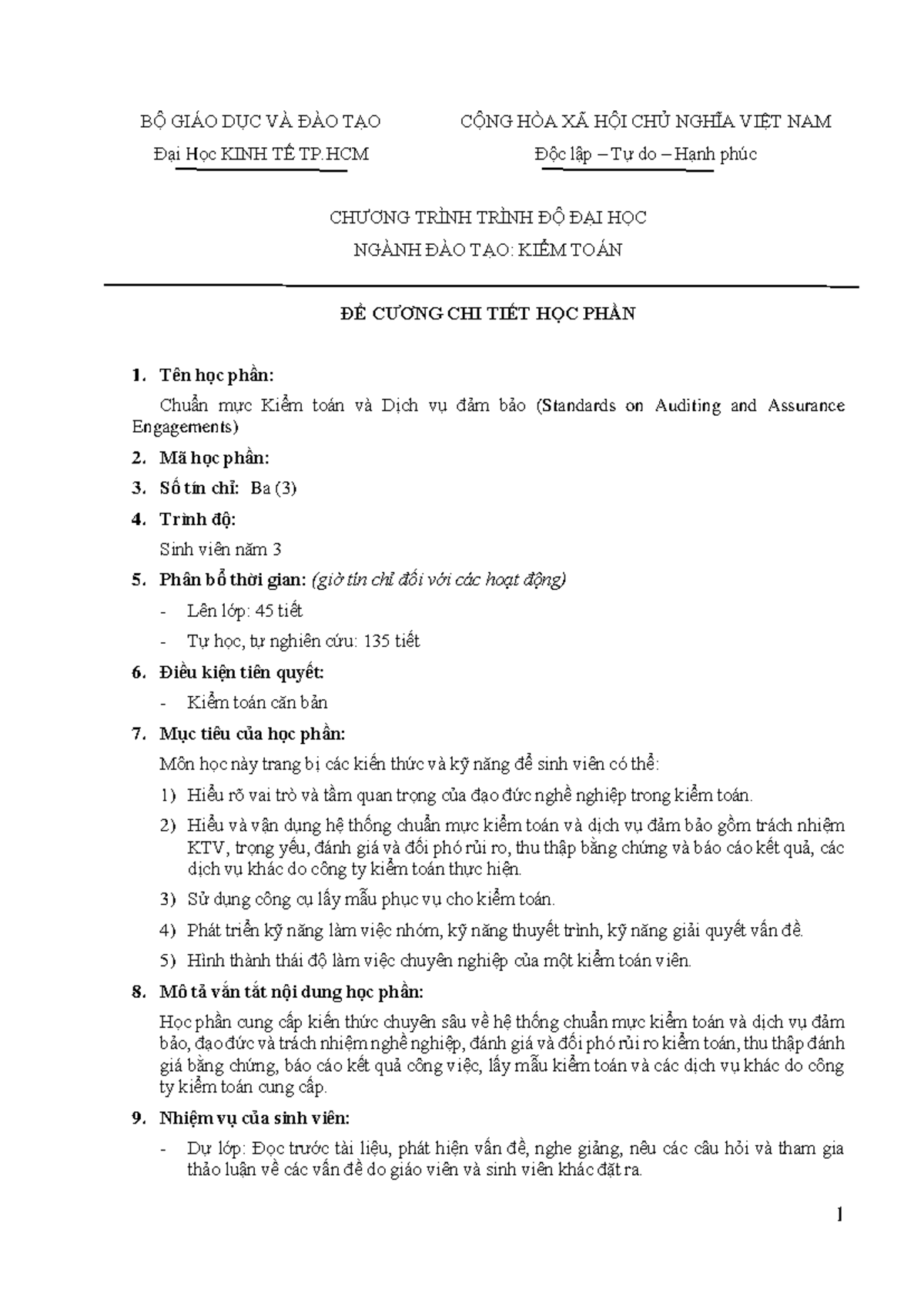 Syllabus CMKi va dich vu dam bao-12b - BỘ GIÁO DỤC VÀ ĐÀO TẠO Đại Học ...